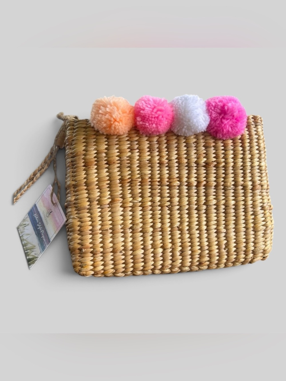 Seagrass  Straw Crossbody Bag with Pom-Pom Accents  Pink, Peach, White new chic
